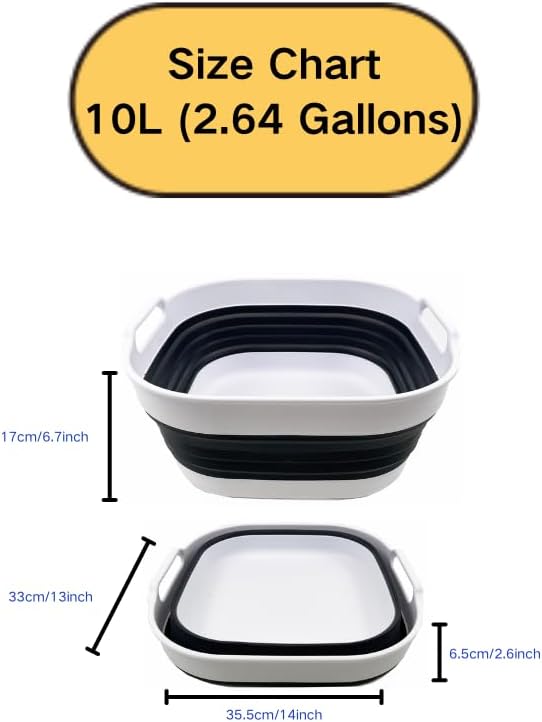 SAMMART 10L (2.64) Collapsible Plastic Dishpan - Foldable Washing Basin - Portable Dish Washing Tub - Space Saving Kitchen Storage Tray (White/Charcoal Black)