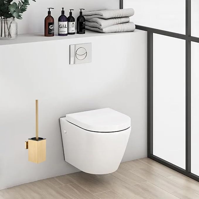 Toilet Bowl Brush and Holder Square,Stainless Steel Square Wall Mounted Toilet Bowl Brush with Lid,Cleaning Toilet Brush Set for Bathroom Brushed Gold