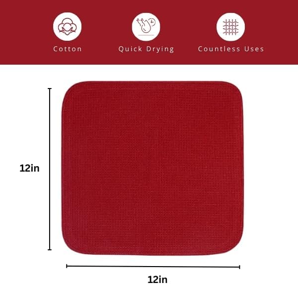 PurpleEssences Dish Cloths and Dish Rags - 6 Pack Waffle Weave Solid Kitchen Dish Wash Cloths, 100% Cotton, 12 x 12 Inches, Ultra Soft Absorbent Quick Drying - Christmas Holiday Winter - Red