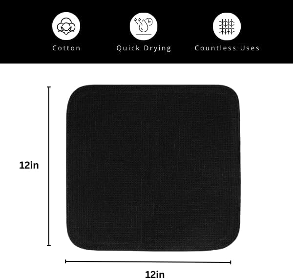 PurpleEssences Dish Cloths and Dish Rags - 6 Pack Waffle Weave Solid Kitchen Dish Wash Cloths, 100% Cotton, 12 x 12 Inches, Ultra Soft Absorbent Quick Drying - Christmas Holiday Winter - Black