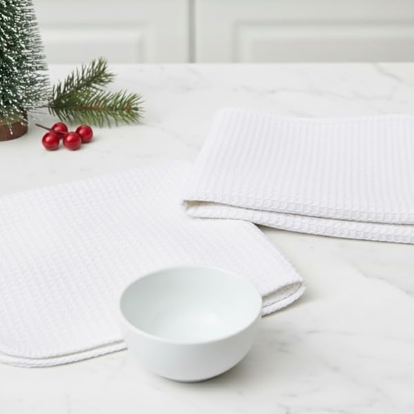 PurpleEssences Dish Cloths and Dish Rags - 6 Pack Waffle Weave Solid Kitchen Dish Wash Cloths, 100% Cotton, 12 x 12 Inches, Ultra Soft Absorbent Quick Drying - Christmas Holiday Winter - White