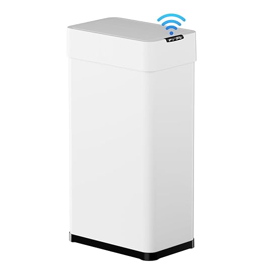 TLSUNNY 16 Gallon Automatic Trash Can, Stainless Steel Motion Sensor Garbage bin, Smart Trash Can W/Butterfly Lid, Bag Retainer Ring and Display Light for Living Room,Kitchen,Office (White, 60L)