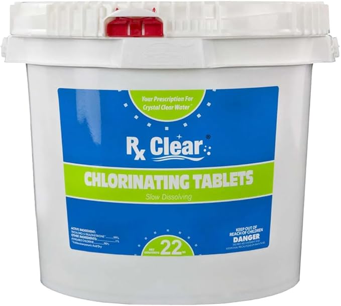 Rx Clear 3" Inch No Grab Chlorine Tabs | 22 Pound Bucket | Use Tablets As Bactericide, Algaecide Disinfectant in Swimming Pools | Water Soluble No Need to Take Out of Wrapper