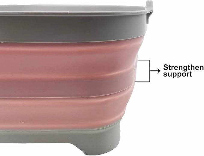 SAMMART 10L (2.64 Gallon) Collapsible Dishpan with Draining Plug - Foldable Washing Basin - Portable Dish Washing Tub - Space Saving Kitchen Storage Tray (Grey/Pale Pink)
