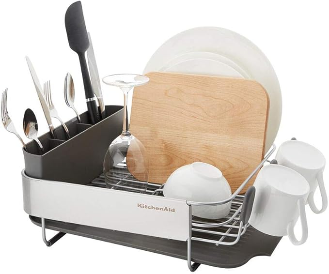 KitchenAid Compact, Space Saving Rust Resistant Dish Rack, with Angled Self Draining Drain Board and Removable Flatware Caddy, 16.06-Inch, Gray