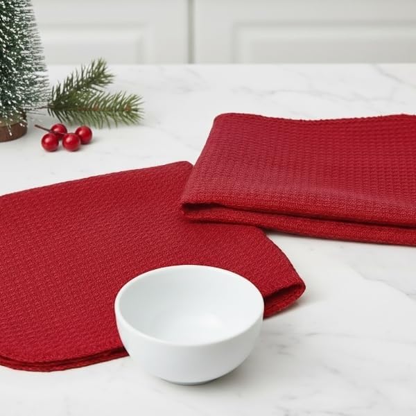 PurpleEssences Dish Cloths and Dish Rags - 6 Pack Waffle Weave Solid Kitchen Dish Wash Cloths, 100% Cotton, 12 x 12 Inches, Ultra Soft Absorbent Quick Drying - Christmas Holiday Winter - Red