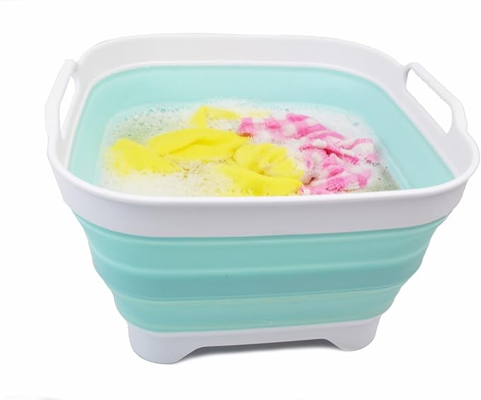SAMMART 10L (2.64 gallon) Collapsible Dishpan with Draining Plug - Foldable Washing Basin - Portable Dish Washing Tub - Space Saving Kitchen Storage Tray (1, White/Lake Green)