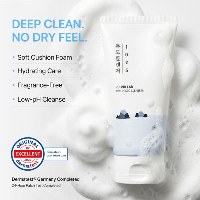 ROUND LAB 1025 Dokdo Cleanser 5.07 Fl Oz, Low pH Facial Cleanser for Sensitive Skin, Rich Soft Bubbles for Deep Cleansing and Makeup Removal, Hydrating Face Wash with Deep Sea Water, Korean Skin Care
