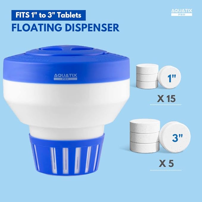 Aquatix Pro Pool Chlorine Floater Dispenser for 1 to 3 inch Tablets, Large Durable Floating Dispenser for Spa, Hot Tub, In-ground & Above Ground Small & Large Pools, Adjustable Flow Rate, Collapsible
