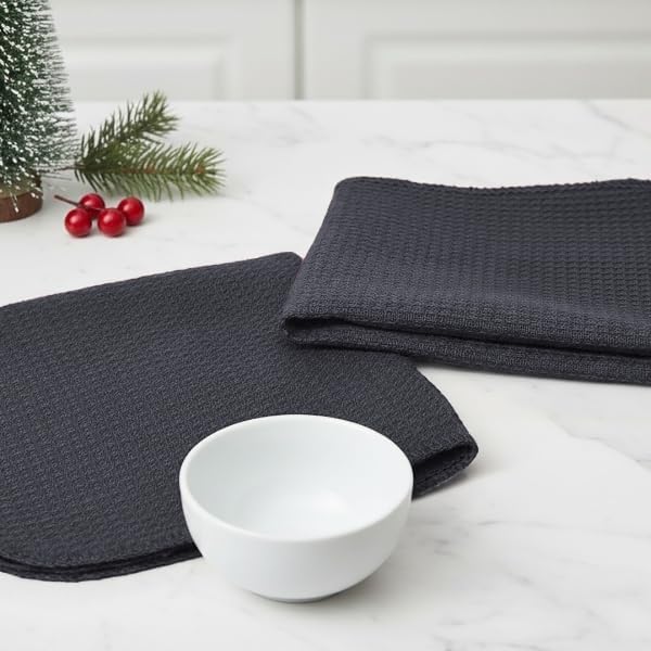 PurpleEssences Dish Cloths and Dish Rags - 6 Pack Waffle Weave Solid Kitchen Dish Wash Cloths, 100% Cotton, 12 x 12 Inches, Ultra Soft Absorbent Quick Drying - Christmas Holiday Winter - Dark Grey