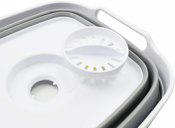 SAMMART 7.5L (2 Gallons) Collapsible Dishpan with Draining Plug - Foldable Washing Basin - Portable Dish Washing Tub - Space Saving y (White/Grey (Set of 2), 2)