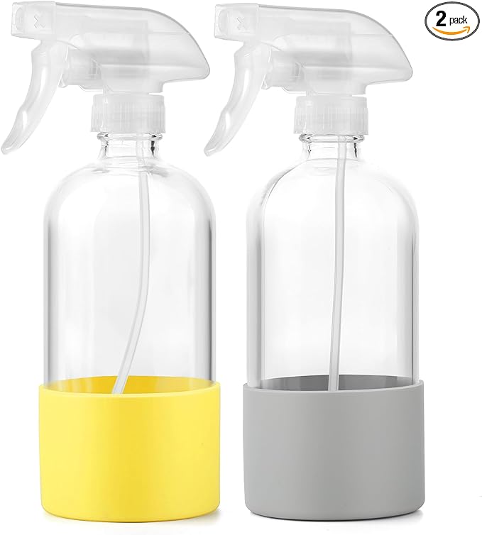 Glass Spray Bottles (2-Pack) with Silicone Sleeve - 16oz Empty Refillable Bottles - Adjustable Nozzle for Hair, Plants, Cleaning & DIY Solutions - Blue & Grey (Grey + yellow)