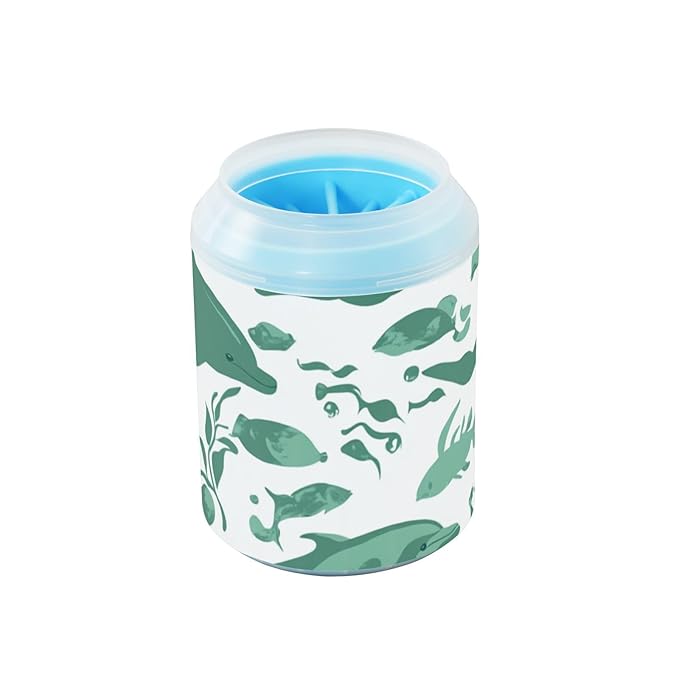 Dog Paw Cleaner Cups for Dogs Pets Foot Washer Paw Scrubber for Medium Small Dogs Cats Cleaning Cup Green Dolphins Fish and Seaweed