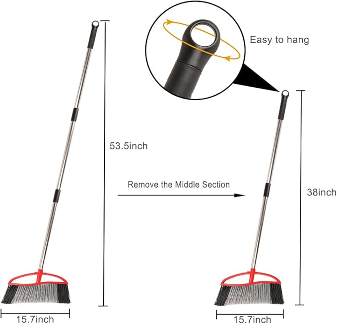Heavy Duty Outdooor Broom - 15.7" Wide Broom with Wide Angle Design, Long Handle & Powerful Stiff Bristles for Patio, Garden, Garage, Yard (Red)