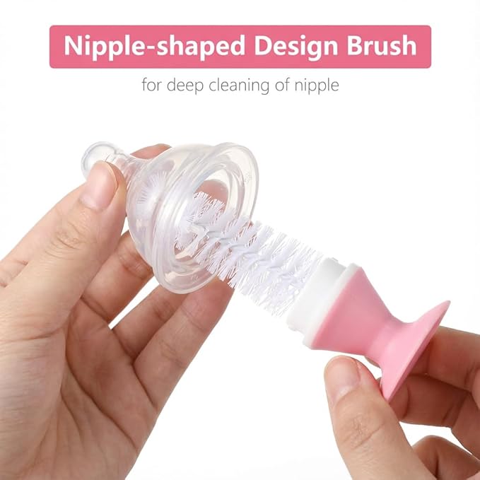 5-in-1 Baby Bottle Brush Set, Including Nylon and Silicone Bottle Brush, Cap, Straw, Nipple Brushes, BPA-Free (Pink)
