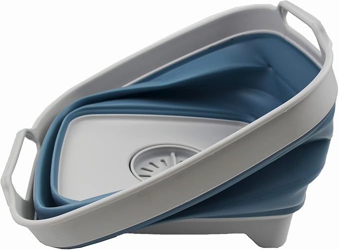 SAMMART 7.5L (2 Gallons) Collapsible Dishpan with Draining Plug - Foldable Washing Basin - Portable Dish Washing Tub - Space Saving y (Grey/Steel Blue (Set of 2), 2)