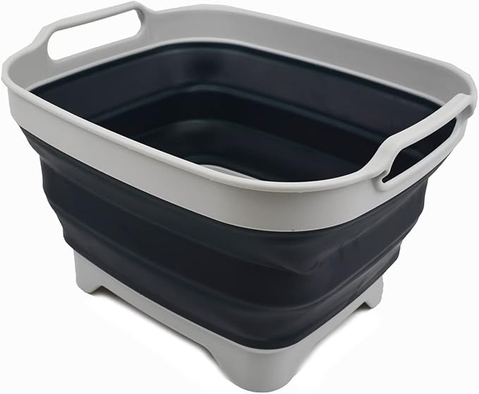 SAMMART 7.5L (2 Gallons) Collapsible Dishpan with Draining Plug - Foldable Washing Basin - Portable Dish Washing Tub - Space Saving (Grey/Slate Grey, 1)