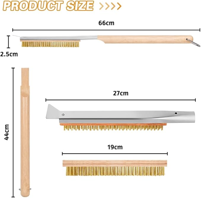 Pizza Oven Brush, 26" Brush and Stainless Steel Scraper for Pizza Stone, BBQ Grill Cleaning Brush Non Scratch Heat Proof Brass Bristles with Screwdriver, Outdoor Pizza Oven Accessories