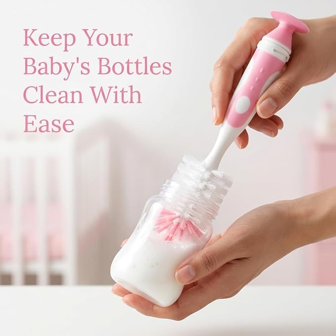 4-in-1 Baby Bottle Brush Set, Including Nylon Bottle Brush, Cap, Straw, Nipple Brushes, BPA-Free (Pink)