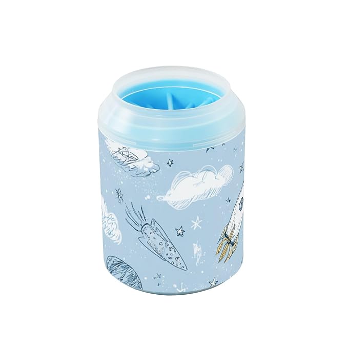 Dog Paw Cleaner Cups for Dogs Pets Foot Washer Paw Scrubber for Medium Small Dogs Cats Cleaning Cup Sky Blue Space Rockets Clouds Stars