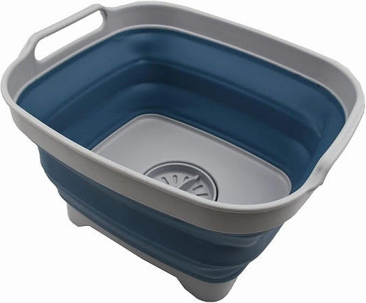 SAMMART 7.5L (2 Gallons) Collapsible Dishpan with Draining Plug - Foldable Washing Basin - Portable Dish Washing Tub - Space Saving Kitchen Storage Tray (Grey/Steel Blue, 1)