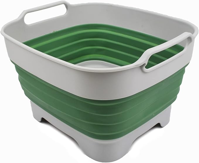 SAMMART 7.5L (2 Gallons) Collapsible Dishpan with Draining Plug - Foldable Washing Basin - Portable Dish Washing Tub - Space Saving Kitchen Storage Tray (Grey/Dark Sea Green, 1)