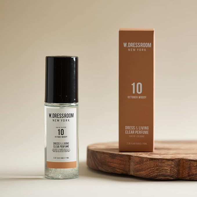 W.Dressroom No.10 October Woody Living Clear Perfume, Body Mist & Fabric Spray Deodorizer, Alcohol-Free Water-Based, Odor Neutralizer for Clothes, Bedding & Room, Travel Size 2.36 oz