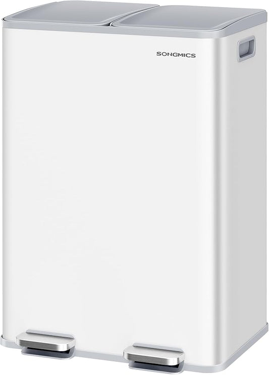 SONGMICS Trash Can, 2 x 8 Gallon (2 x 30 L) Dual-Compartment Garbage Can with Soft-Close Lid, Pedal and Inner Buckets, Stainless Steel, Includes 15 Liner Bags, Matte White ULTB741W01
