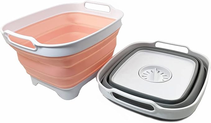 SAMMART 7.5L (2 Gallons) Collapsible Dishpan with Draining Plug - Foldable Washing Basin - Portable Dish Washing Tub - Space Saving y (Grey + Pearl Blush, 2)