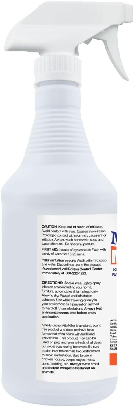 Mite Killer Spray by Mite-B-Gone - 32oz | Plant-Based Treatment for Human, Dust, Chicken, Bird, Carpet & Rat Mites in Homes, Furniture & Bedding | Farm, Family & Pet Safe