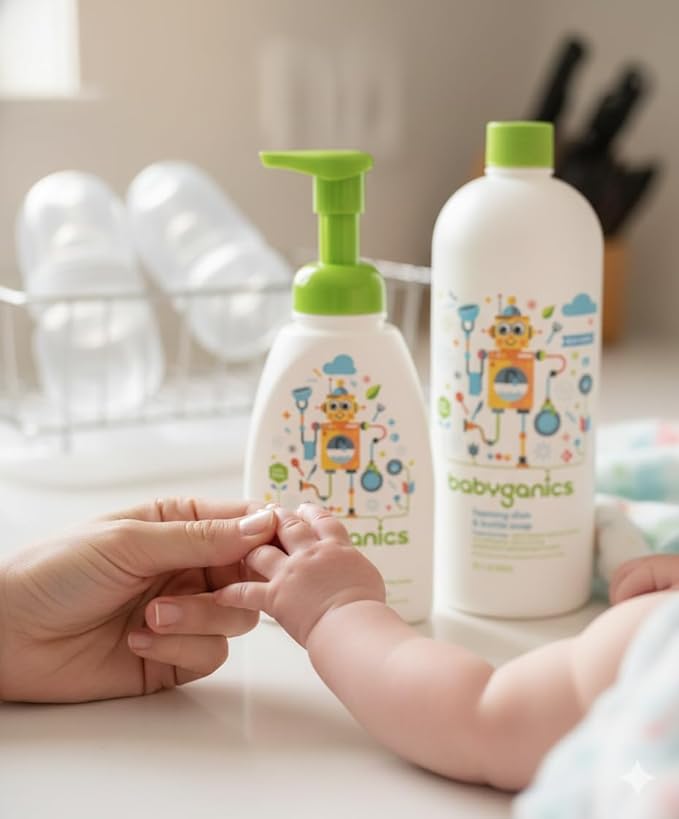 LuxProdX Baby ganics 16 Ounce Dish Dazzler Foaming Dish and Bottle Soap with Refill Kit BUNDLED with Two (2) Bottle Brushes BONUS