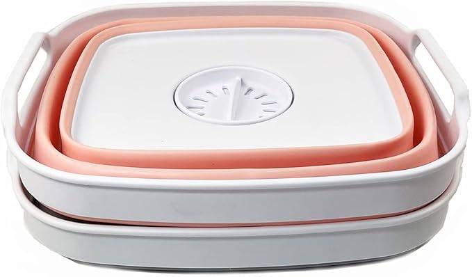 SAMMART 7.5L (2 Gallons) Collapsible Dishpan with Draining Plug - Foldable Washing Basin - Portable Dish Washing Tub - Space Saving y (Grey + Pearl Blush, 2)