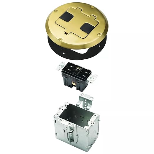 RACO Floor Box Kit 6239ACBP Brass 15A/125V Duplex Receptacle Outlet with USB Ports, Single Gang Electrical Box for Wood Sub-Floor with 3.1A/5V Type A and C USB Outlet Receptacles for Home Improvement