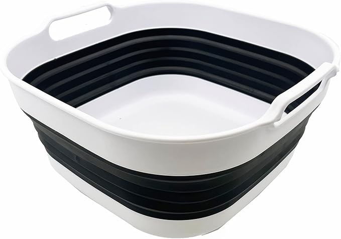 SAMMART 10L (2.64) Collapsible Plastic Dishpan - Foldable Washing Basin - Portable Dish Washing Tub - Space Saving Kitchen Storage Tray (White/Charcoal Black)
