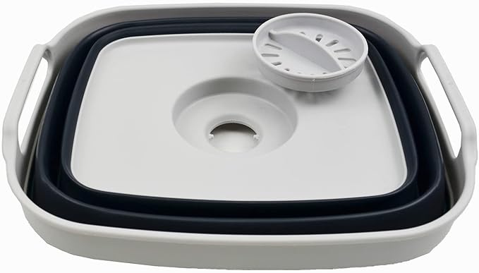SAMMART 7.5L (2 Gallons) Collapsible Dishpan with Draining Plug - Foldable Washing Basin - Portable Dish Washing Tub - Space Saving (Grey/Slate Grey, 1)