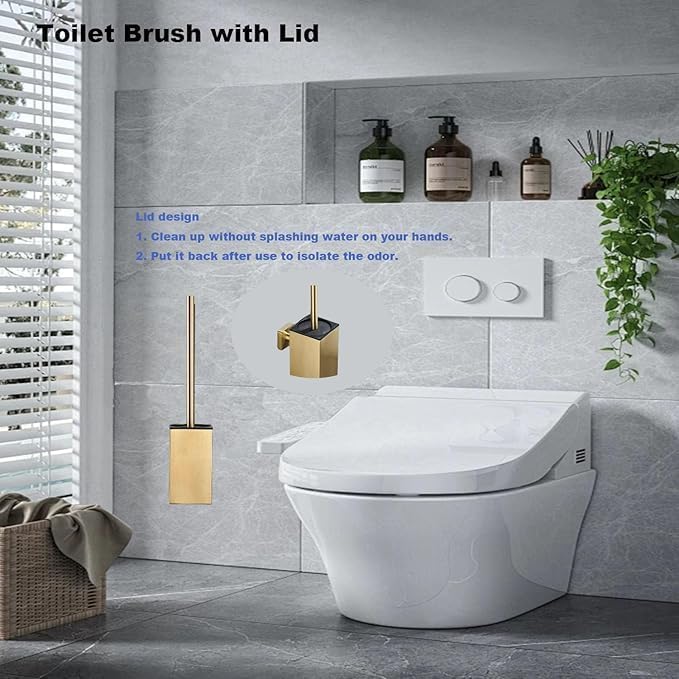 Toilet Bowl Brush and Holder Square,Stainless Steel Square Wall Mounted Toilet Bowl Brush with Lid,Cleaning Toilet Brush Set for Bathroom Brushed Gold