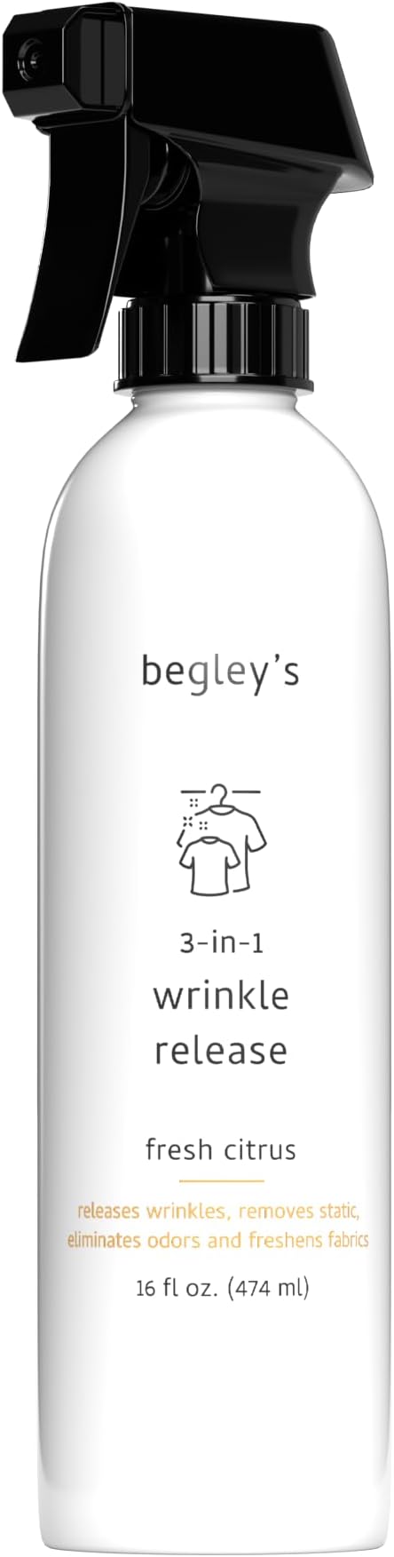 Begley's 3-in-1 Wrinkle Remover, Quick Fix Wrinkle Release, Static Cling Remover, Odor Eliminator and Fabric Refresher Spray - USDA Certified Biobased - Citrus, 16 oz