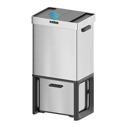 19 Gal Kitchen Automatic Motion Sensor Trash Can with 2 Recycling Dustbin(13.2 Gal+5.8 Gal),Ozone Odor Control Stainless Steel Garbage Can with Slide-Open Lid
