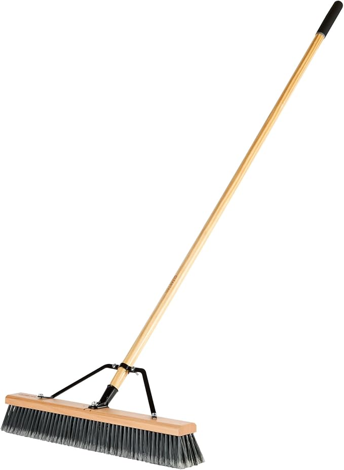 Restaurantware-Clean Tek Professional 24 Inch Push Broom, 1 Heavy-Duty Broom with 60” Handle - Medium Plastic Bristles, Durable, Wooden, Commercial Use, for Deck, Driveway, Garage, Yard, Patio