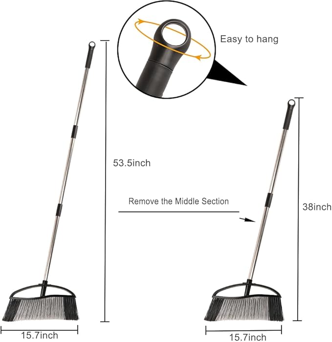Heavy Duty Outdooor Broom - 15.7" Wide Broom with Long Adjustable Handle & Stiff Bristles for Patio, Garage, Yard, Garden (Black)