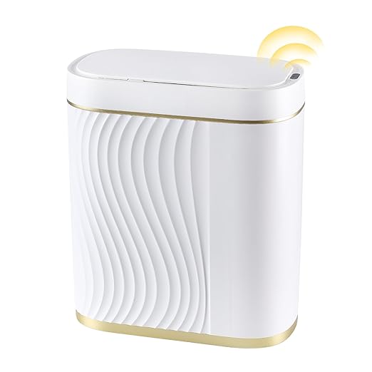 Bathroom Trash Cans with Lid 2 Gallon Automatic Trash Can, Small Motion Sensor Garbage Can, Slim Smart Trash Bin, Waterproof Plastic Garbage Bin for Bathroom, Bedroom, Living Room, Golden