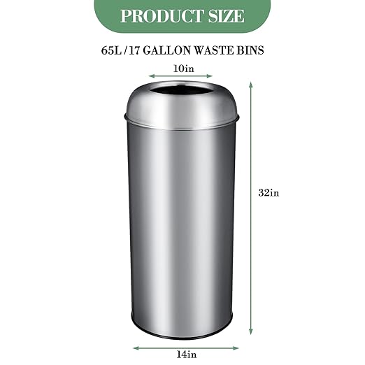 65L/17 Gallon Tall Commercial Trash Can, Large Capacity Brushed Stainless Steel Trash Bin with Open Top & Sleek Hidden Bag Holder, Commercial Grade Heavy Gauge for Home, Office, Restaurant