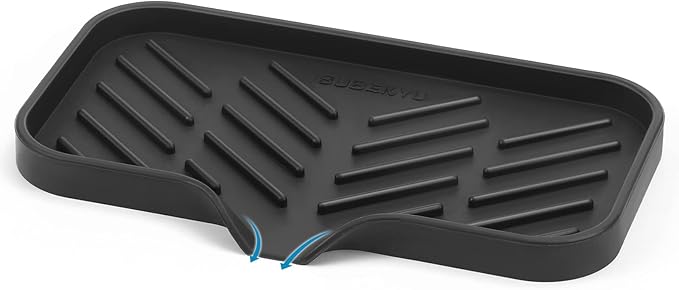 SUBEKYU Silicone Kitchen Soap Tray, Sink Tray for Kitchen Counter/Soap Bottles, Sponge Holder and Organizer with Drain Spout, Black, [Size: 9.5 x 5 inch]
