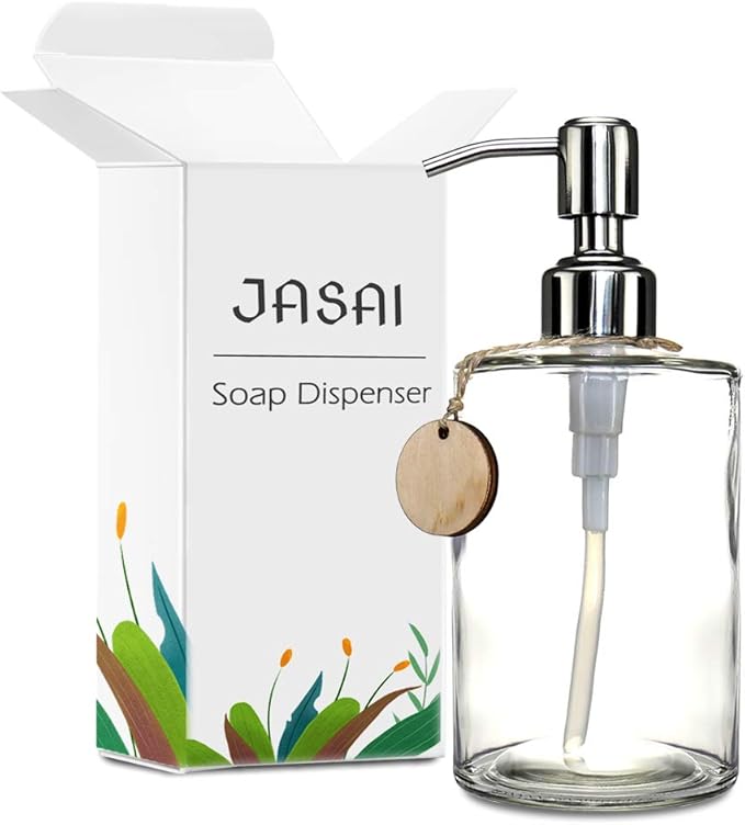 JASAI 16OZ Cylinder Glass Soap Dispenser with Rust Proof Stainless Steel Pump, Refillable Bathroom Soap Dispenser for Hand Soap, Dish Soap, Liquid Soaps and Kitchen (Clear)