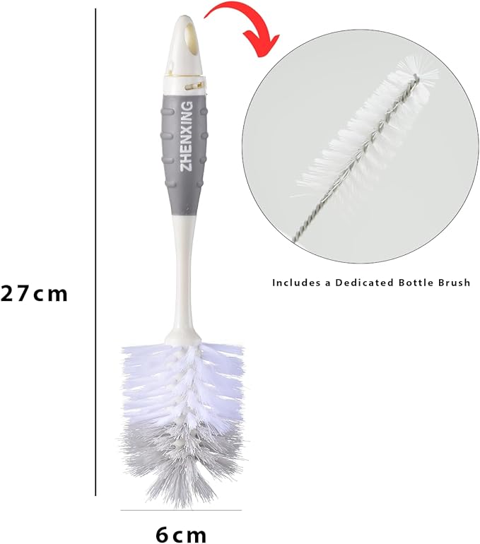 Baby Bottle Brush Set, Long Handle Durable Sponge & Nipple Brush, BPA-Free for Cleaning Sippy Cups, Straws, Small Narrow Baby Bottles and Pacifiers，Grey