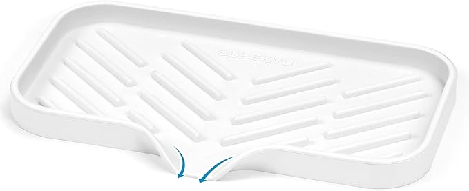 SUBEKYU Silicone Kitchen Soap Tray, Sink Tray for Kitchen Counter/Soap Bottles, Sponge Holder and Organizer with Drain Spout, White, [Size: 9.5 x 5 inch]