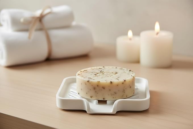 Happitasa Silicone Soap Dish Tray and Sponge Holder with Drain Chute and Feet | 3-Way Sloped Design | Bathroom and Kitchen Sink Organizer Caddy (Light Grey, 5"x4")