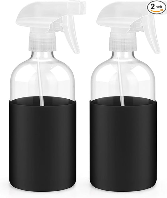 2 Pack Glass Spray Bottles with Long Silicone Sleeve, 16 oz Empty Refillable Containers with Adjustable Spray Nozzles, Spray Bottles for Hair, Cleaning Solutions and Plants 2 Pack Black