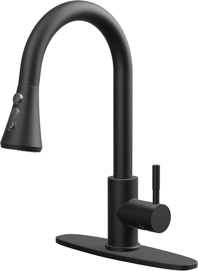 VXV Kitchen Faucets, Matte Black Kitchen Faucet with Pull-Down Sprayer, Stainless Steel Sink Faucet for Farmhouse, RV, and Bar, Pull Out Kitchen Faucet with Deck Plate and 1/2'' Adapters