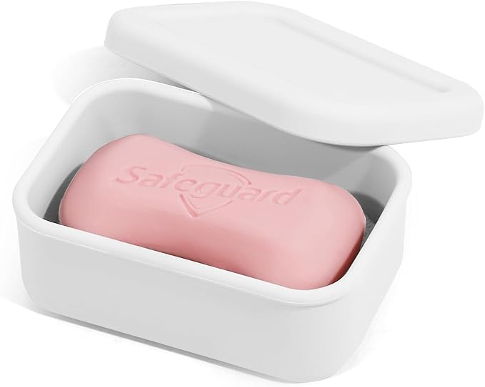 Leak Proof Silicone Travel Soap Case with Draining Tray - Bar Soap Holder for Travel, Gym & Camping - Mess-Free Portable Soap Container for Carry-on Bags (White)